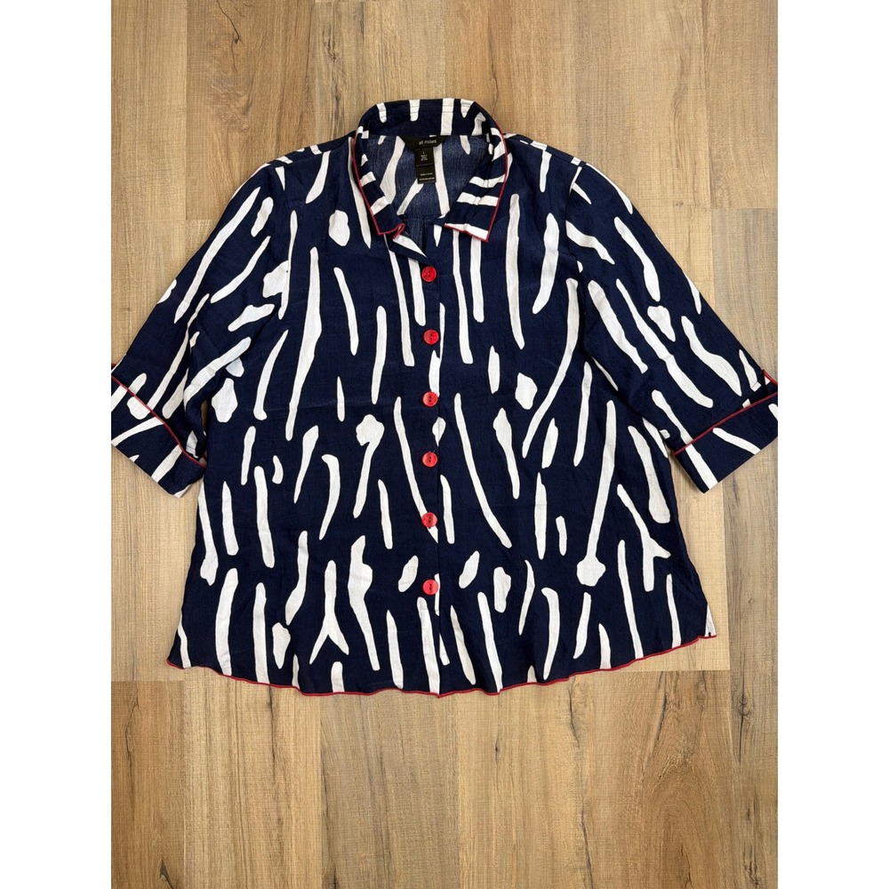 Ali Miles Navy White Abstract Stripe Wired Collar Button Down Shirt Womens L